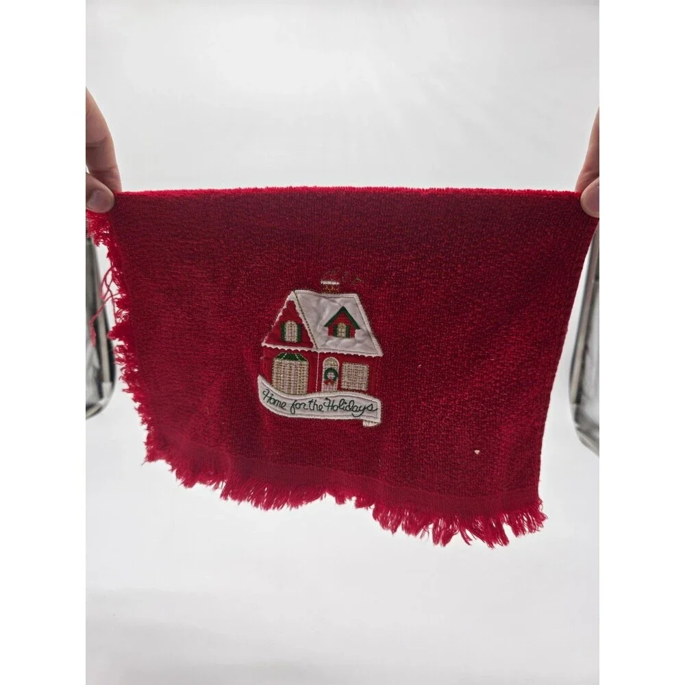 Christmas Embroidered Fringed Red Terry Hand Towel 15 x 26 in